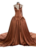Brown Silk Satin Long Dress with Shirred Skirt Detail Party Dress YW240026