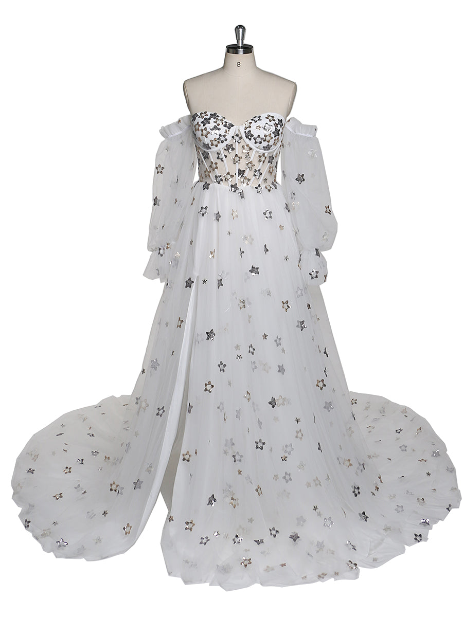 Sparkle Stars Evening Dress Long Detachable Sleeves Formal Party Dress Photo Shoot Dress Plus Size YW220311
