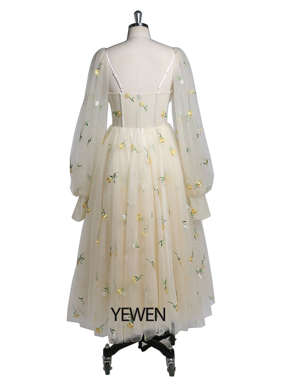 Embroidery Long Puffy Sleeve Tulle Tea Party Dresses YEWEN YW220323