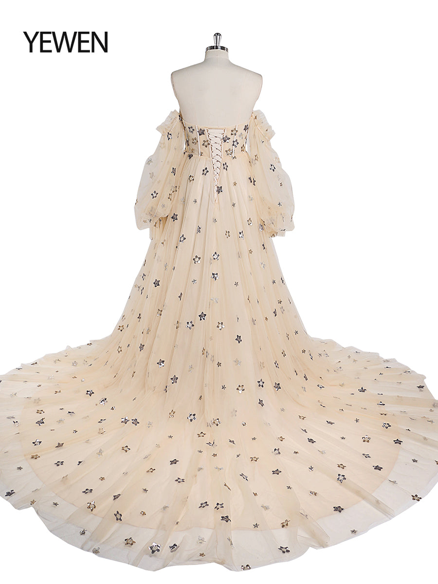 Sparkle Stars Evening Dress Long Detachable Sleeves Formal Party Dress Photo Shoot Dress Plus Size YW220311