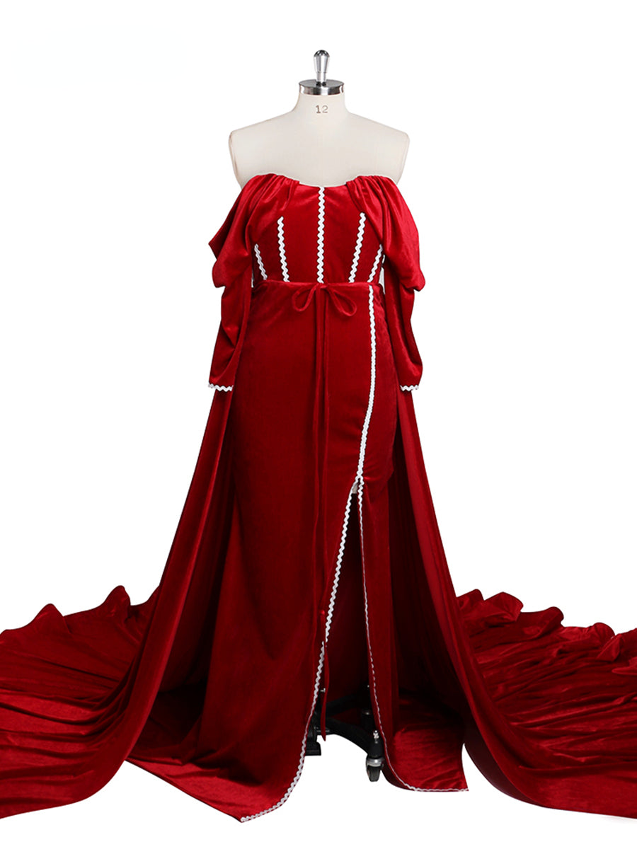 Long Sleeve Off Shoulder Red Velvet Mermaid Prom Dress Side Slit Photo Shoot Dress YW230747