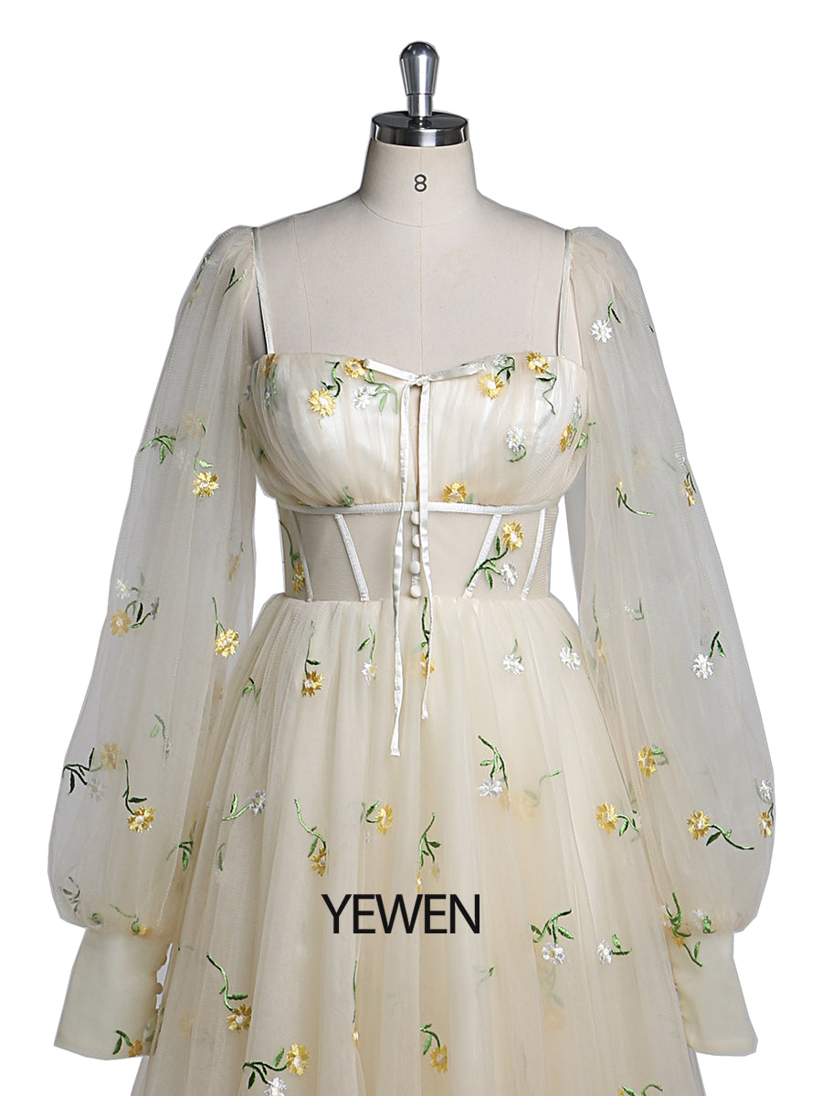 Embroidery Long Puffy Sleeve Tulle Tea Party Dresses YEWEN YW220323