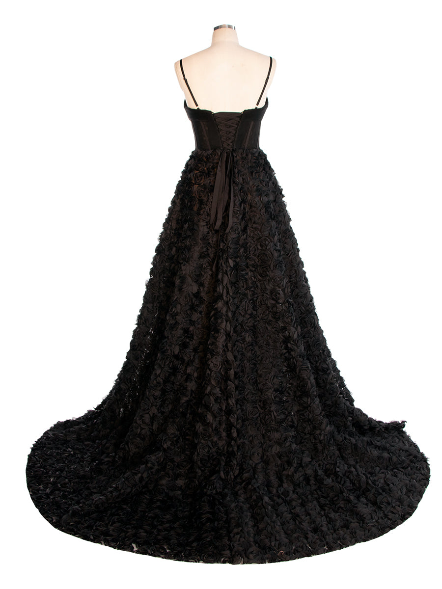 Black A-line Gown with Corset Bodice Mesh Rose Evening Formal Gown YW240043