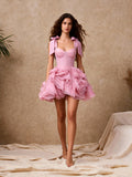 Handmade Ruffles Pink Homecoming Dress with Bow Mini Cocktail Prom Dress