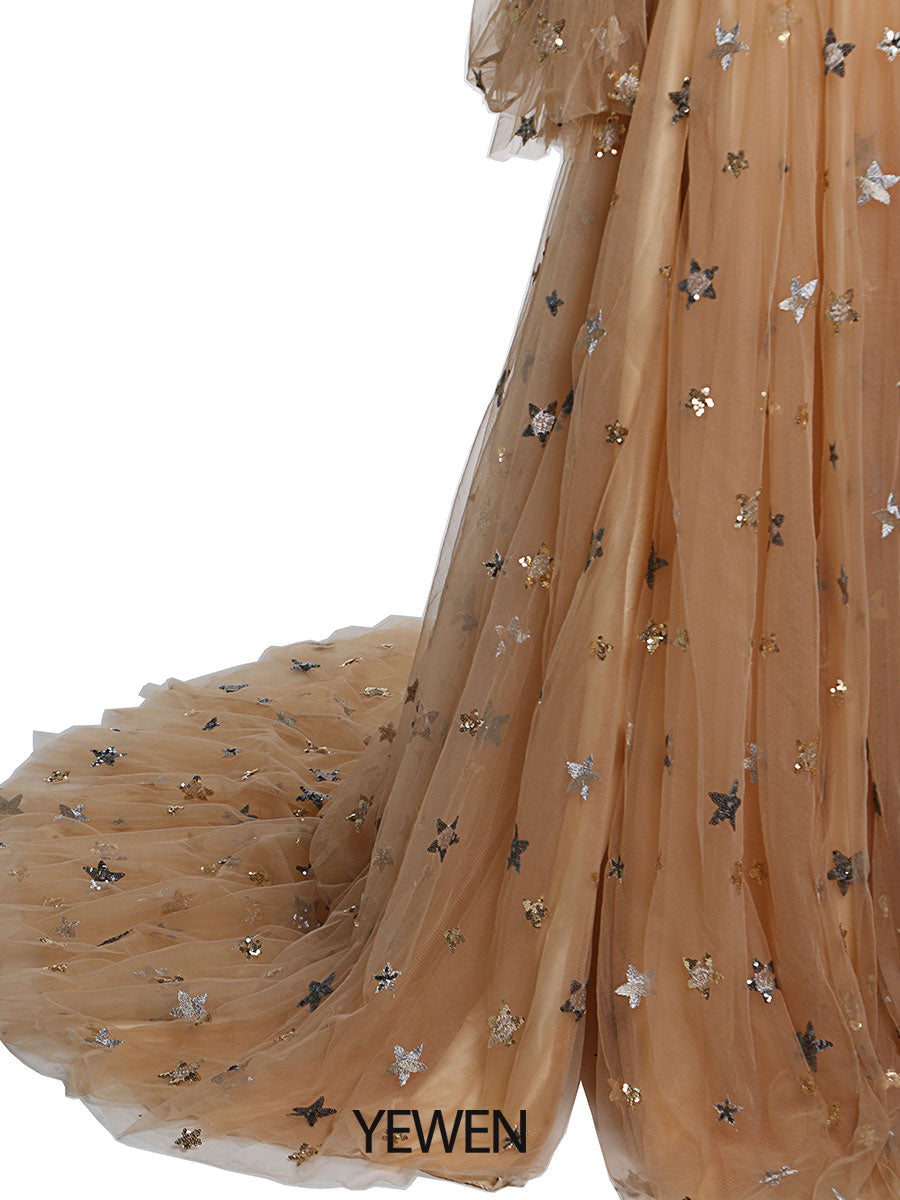 Sparkle Stars Evening Dress Long Detachable Sleeves Formal Party Dress Photo Shoot Dress Plus Size YW220311