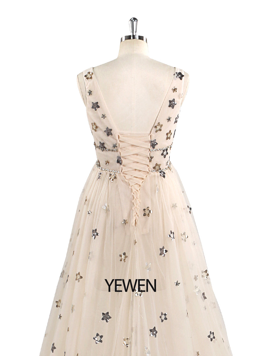 Tulle Prom Dress Champagne Star V-Neck Photography Gown