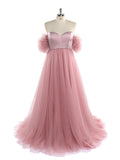 Pink Tulle Maternity Photography Dress Long Off Shoulder Maternity Gowns for Baby Shower  Fancy Photography Props YeWen YW220905