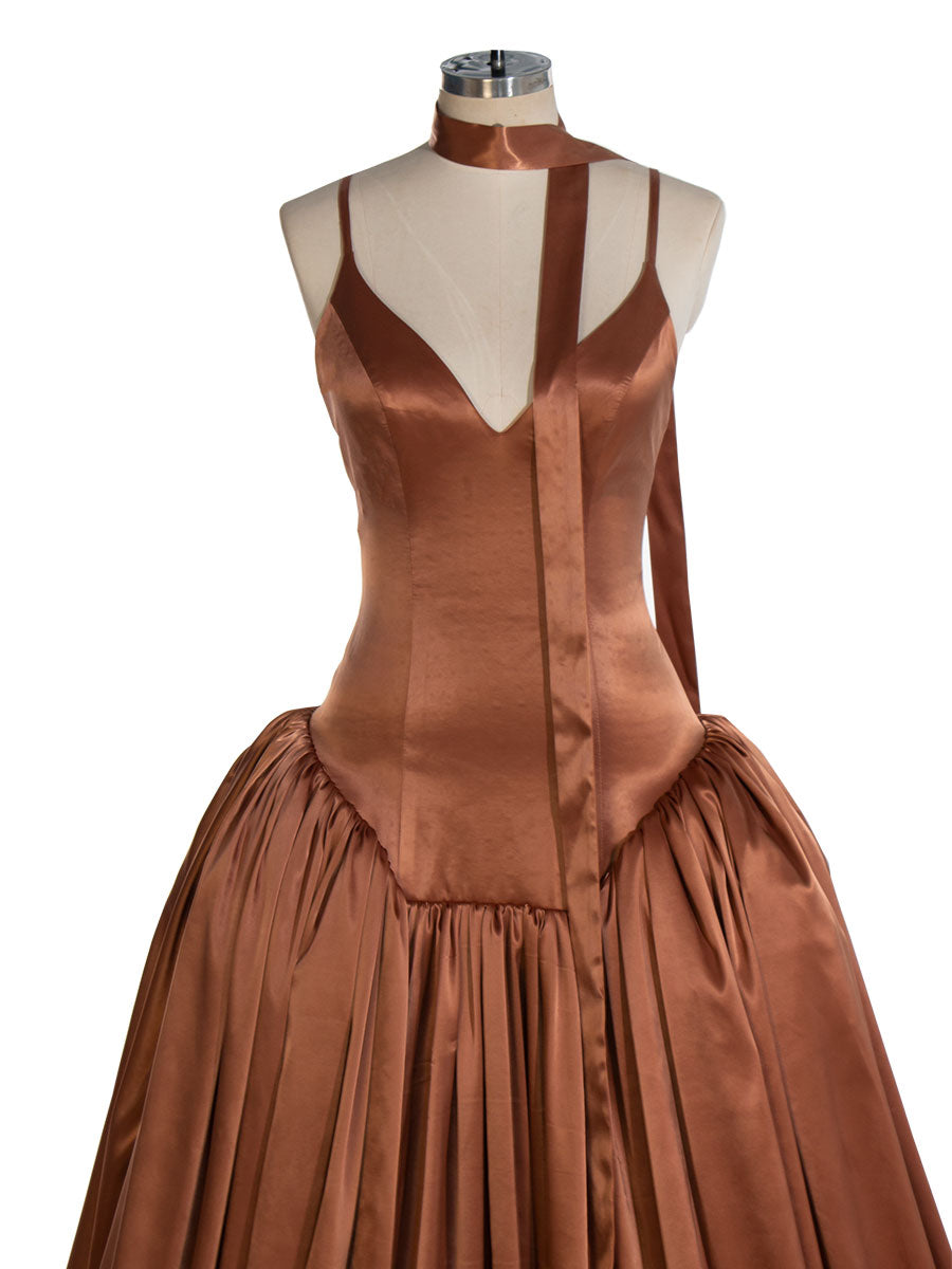 Brown Silk Satin Long Dress with Shirred Skirt Detail Party Dress YW240026