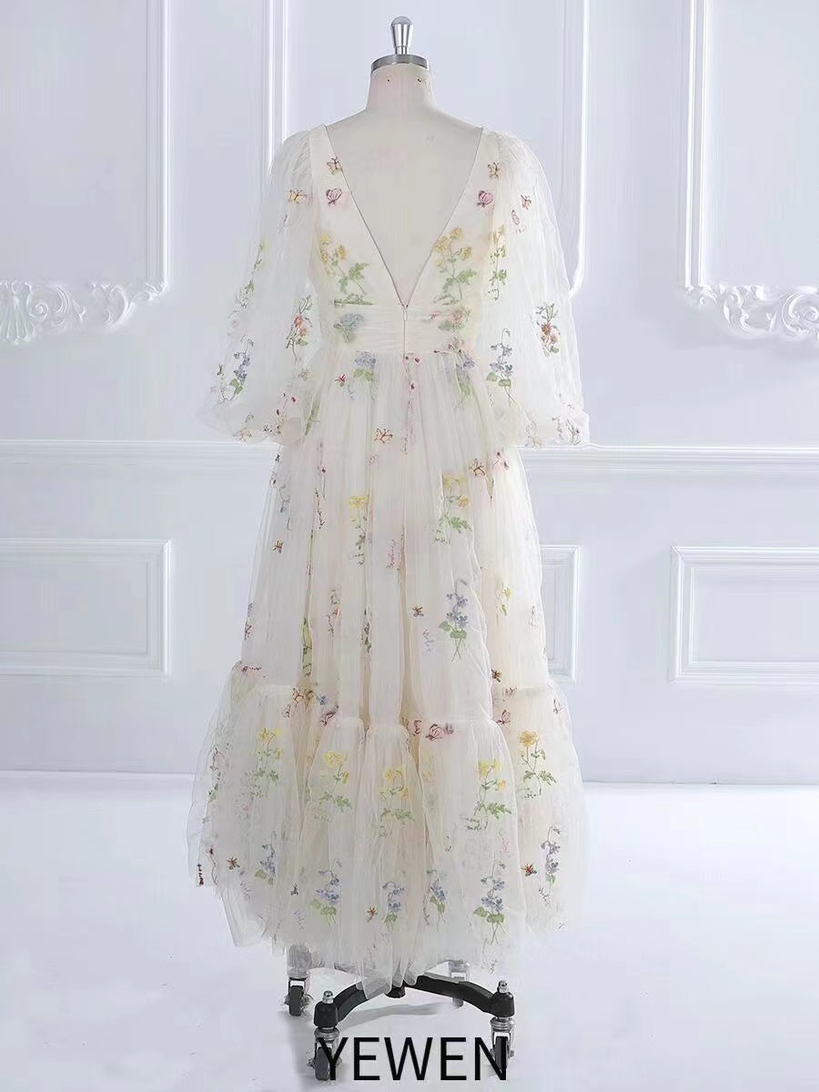V-Neck Embroidery Tulle Puffy Sleeves Tea Party Dresses YEWEN YW231050