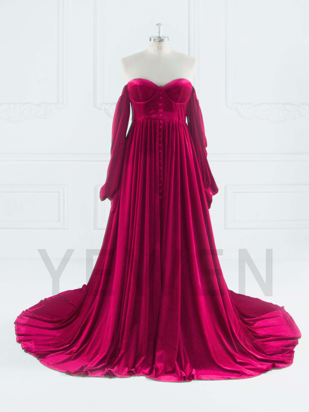 Fall Long Sleeves Velvet Evening Dress for Photo Shoot Outfit Gown YW240088