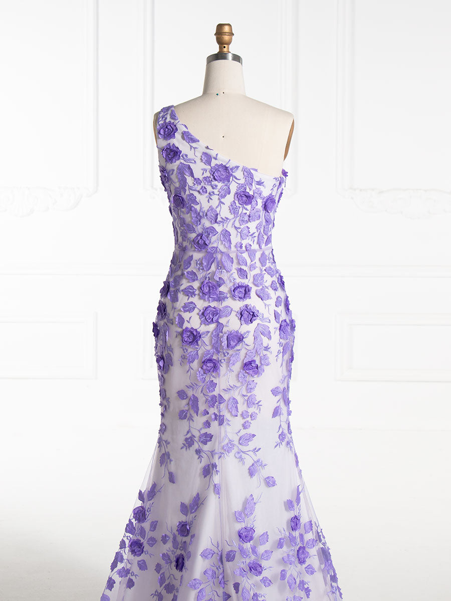 Mermaid One Shoulder Purple Embroidery Lace Prom Dresses YE3007