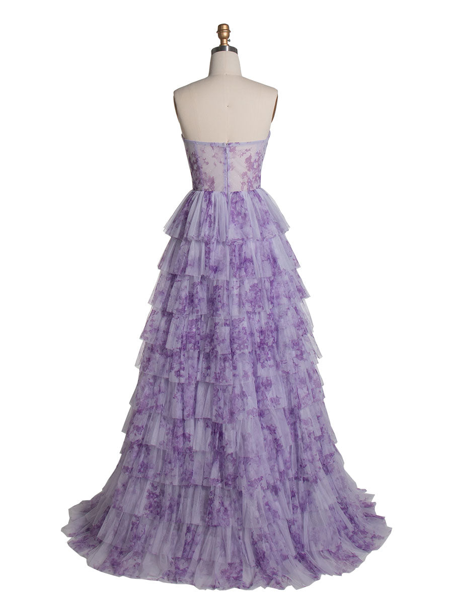 Elegant Lavender Tiered Gown Layered Printed Tulle Prom Party Dress YE3024