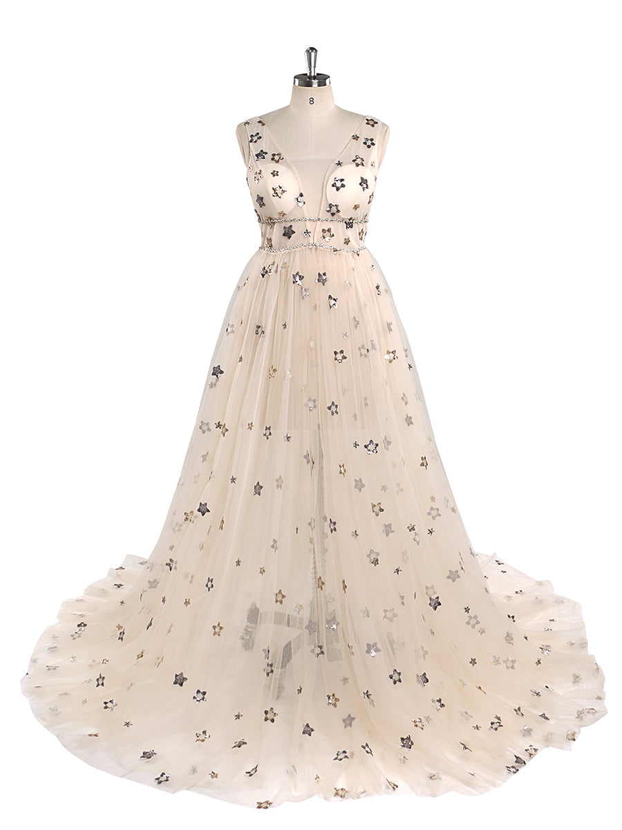 Tulle Prom Dress Champagne Star V-Neck Photography Gown