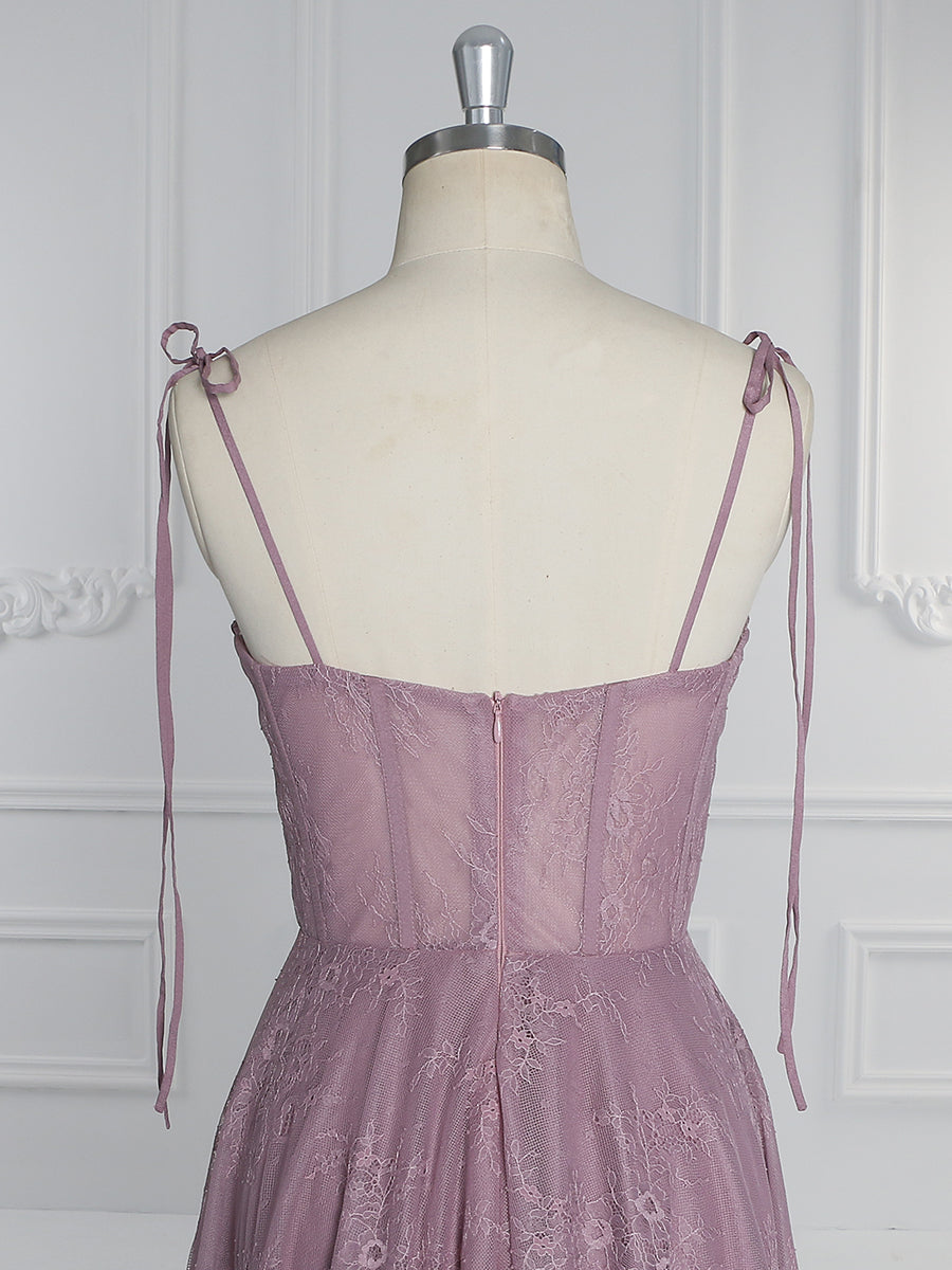 Dusty Pink Lace Prom Dress Homecoming Dress for Girls Tea Length Formal Dresses YW231089