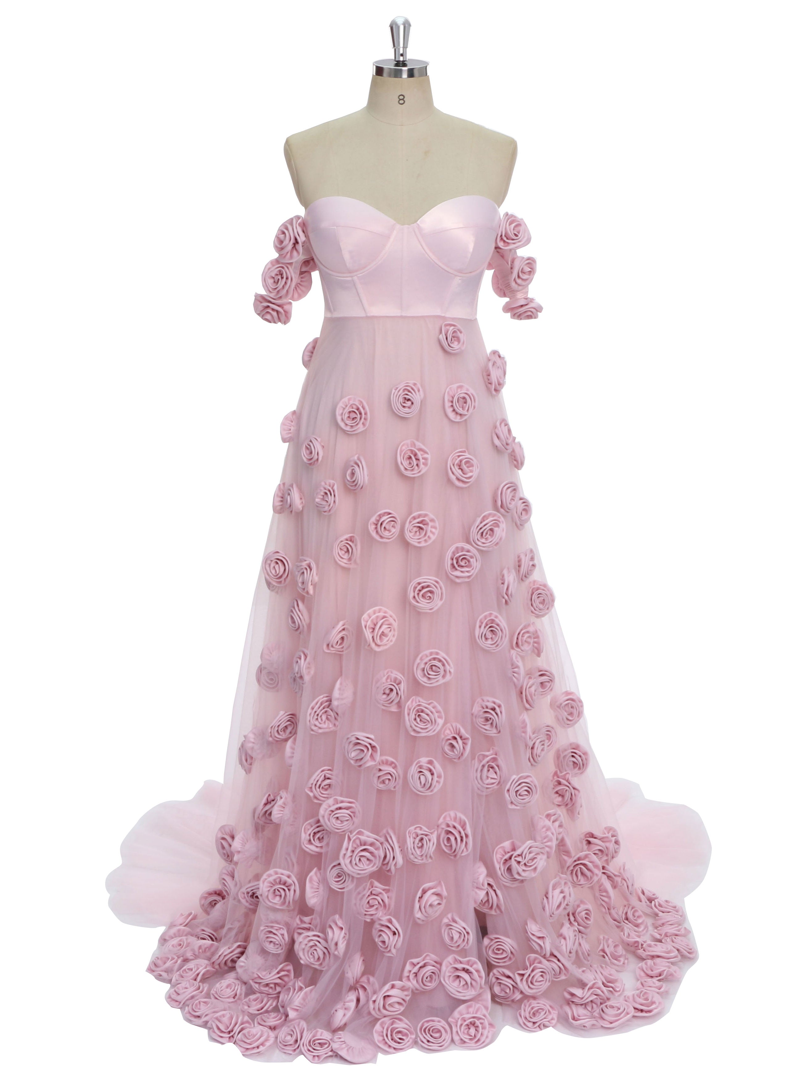Soft Pink Prom Gown with Handmade 3D Flowers Chic Photoshoot Wedding Dresses YW231136