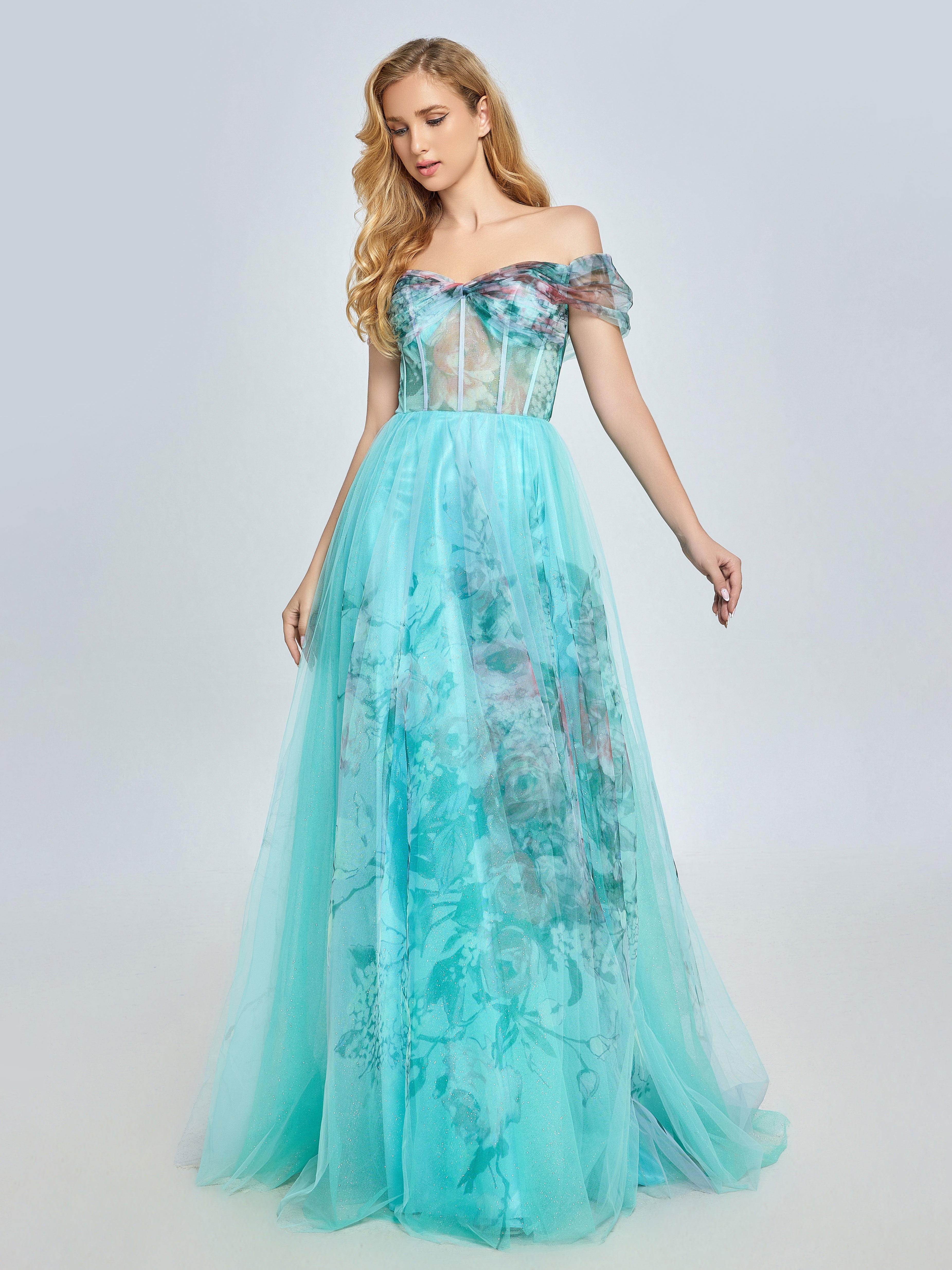 Elegant Aqua Floral Printed Off-Shoulder Prom Dress YE3022