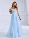 A-Line Blue Tulle Prom Dress Side Leg Split Floor-Length Photo Shoot Dress #17957