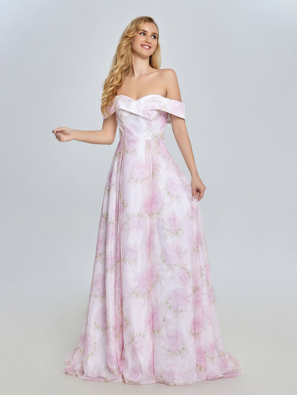 A-line Elegant Off Shoulder Pink Printed Prom Dress YE3019