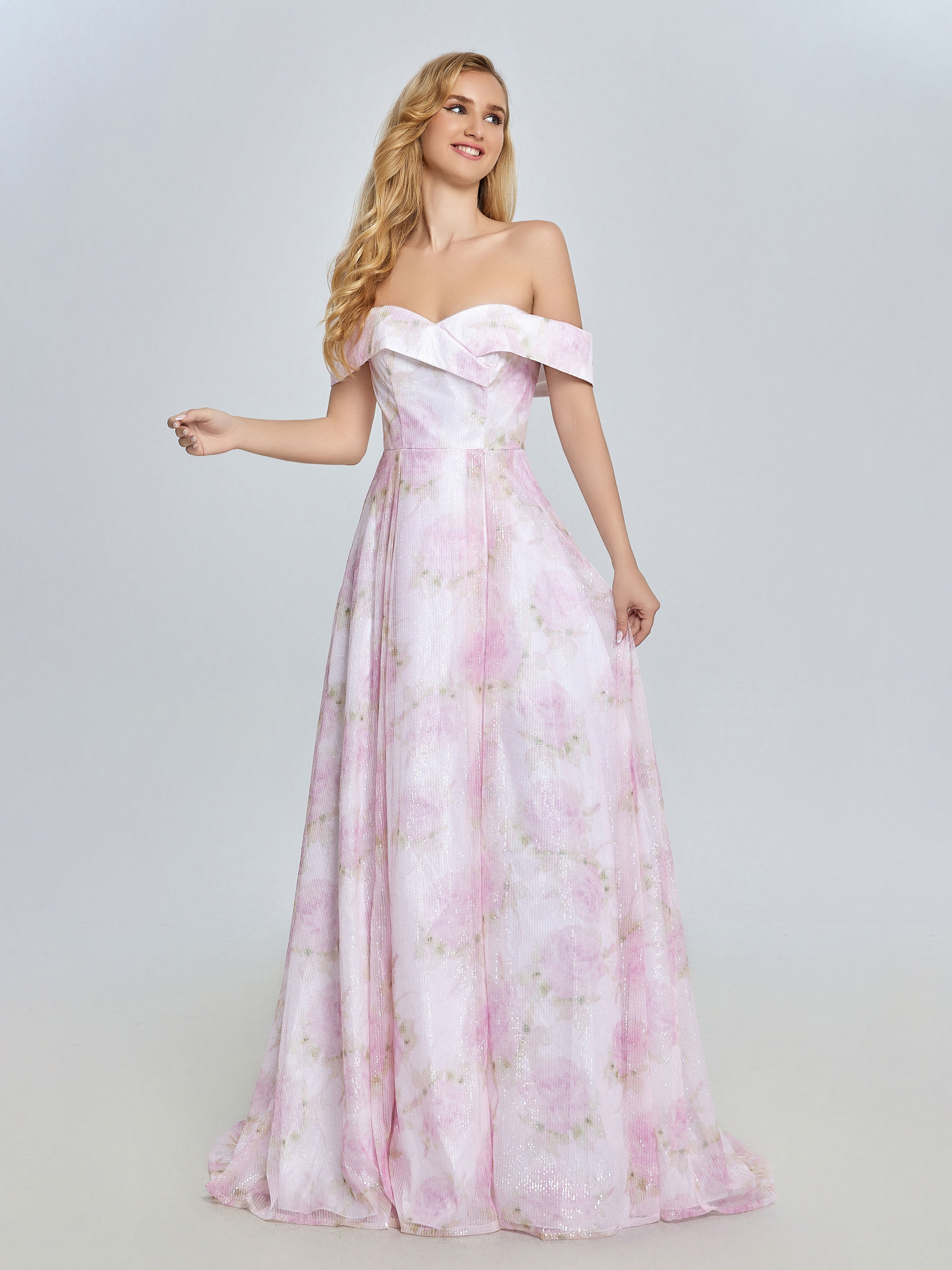 A-line Elegant Off Shoulder Pink Printed Prom Dress YE3019