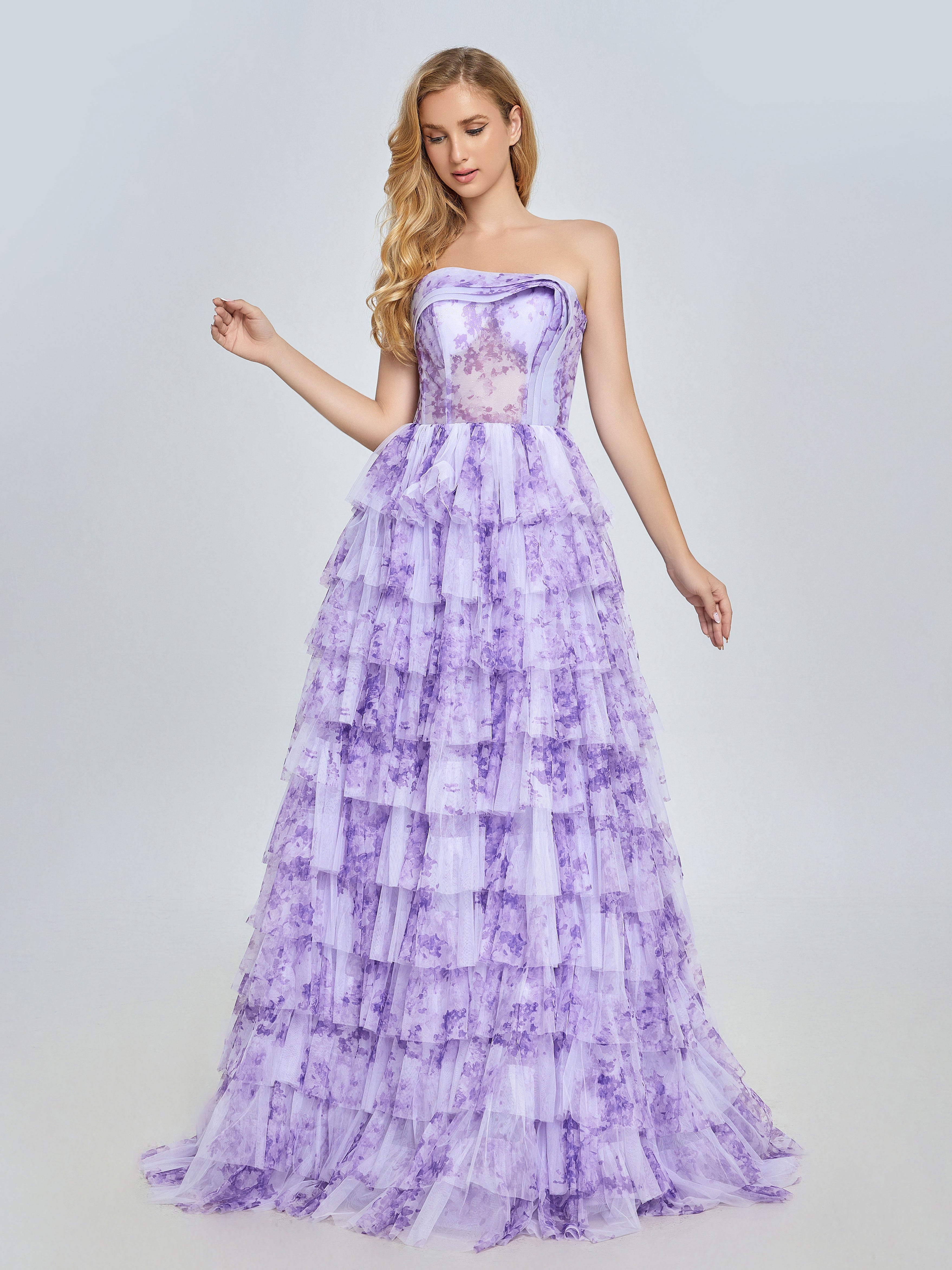 Elegant Lavender Tiered Gown Layered Printed Tulle Prom Party Dress YE3024