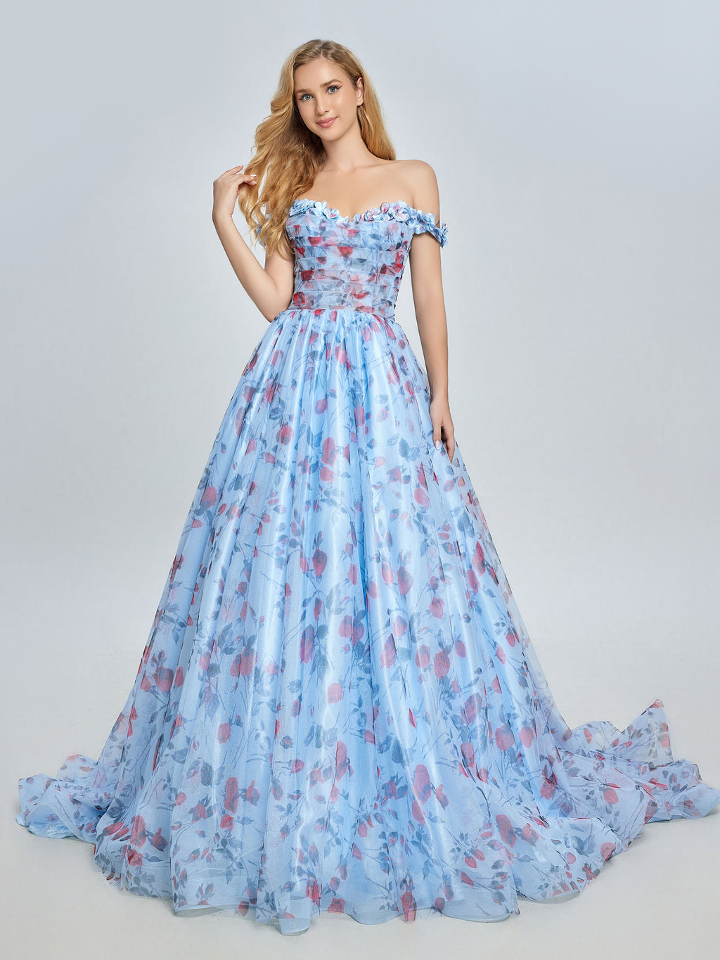 Elegant Off Shoulder Floral Printed Sweep Train Prom Dress YE3023