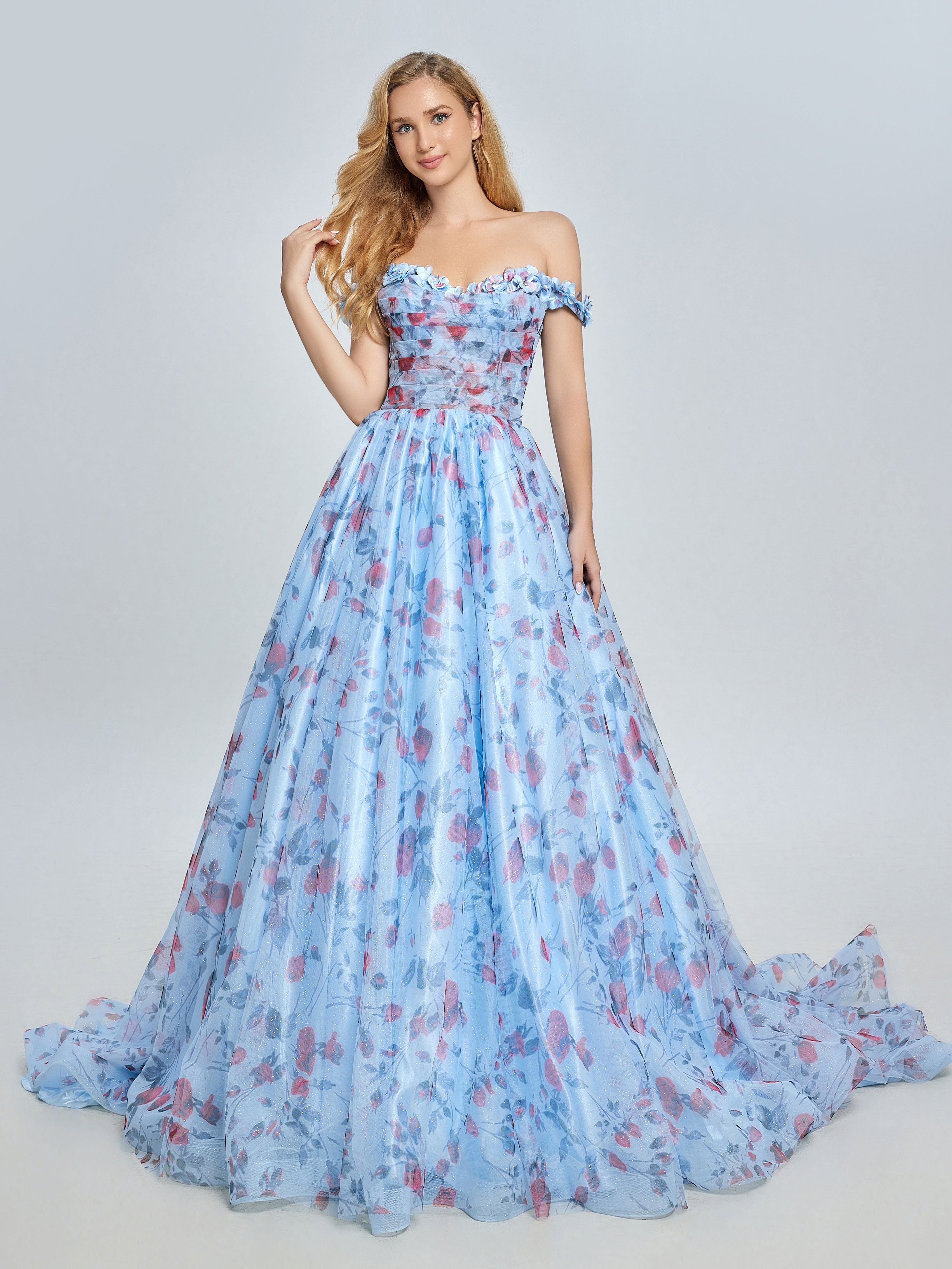 Elegant Off Shoulder Floral Printed Sweep Train Prom Dress YE3023