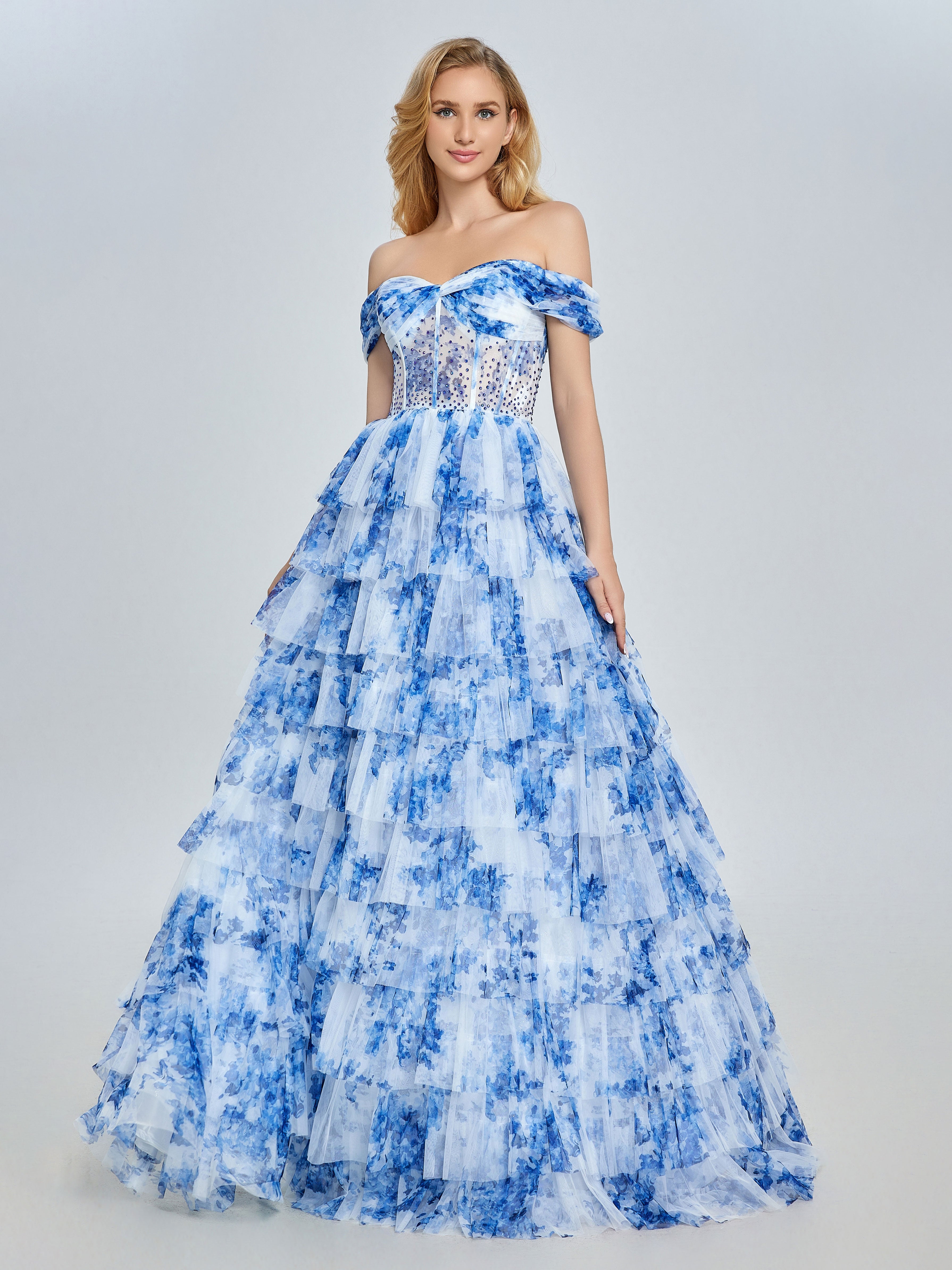 Blue Off-Shoulder Floral Tulle Gown Layered Prom Dress YE3025