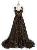Black Tulle Embroidered Gold Stars Prom Dress High Leg Slit Party Gown W243137