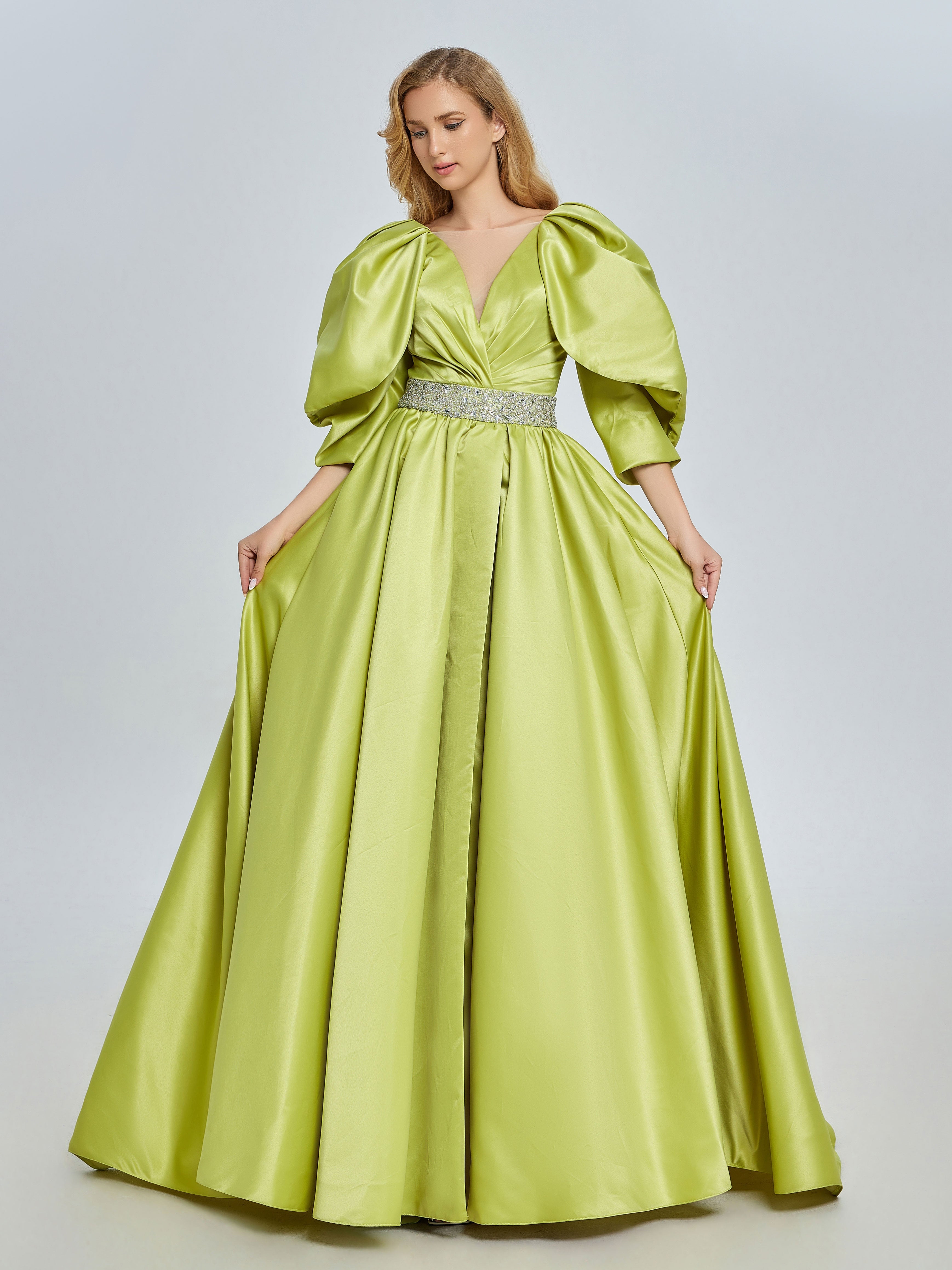 A-line V-Neck Half Sleeves Fluorescent Green Satin Prom Dresses YE2527