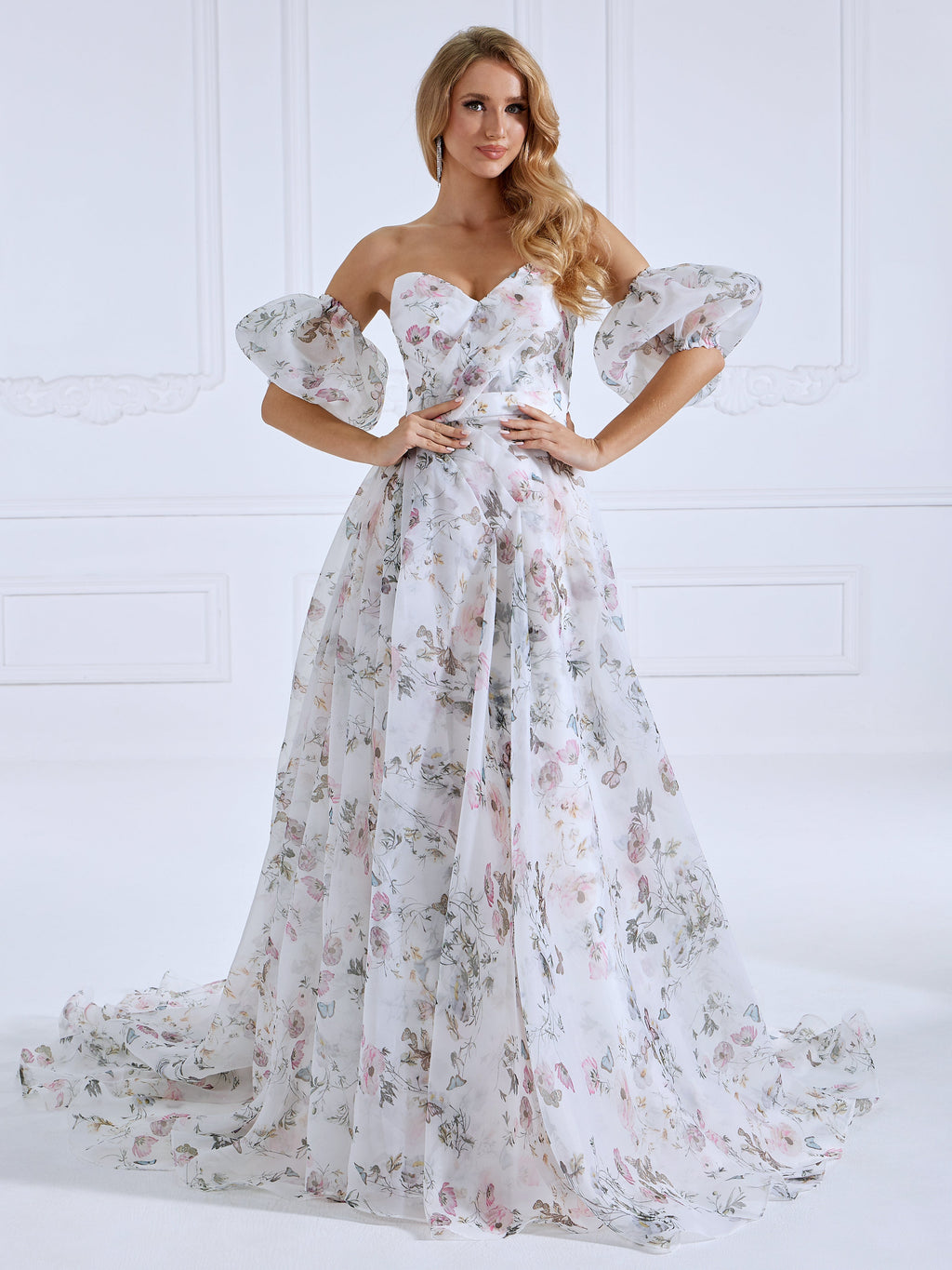 Detachable Sleeves Printing Colorful Floral Wedding Dresses Birthday Party Dress YW230730