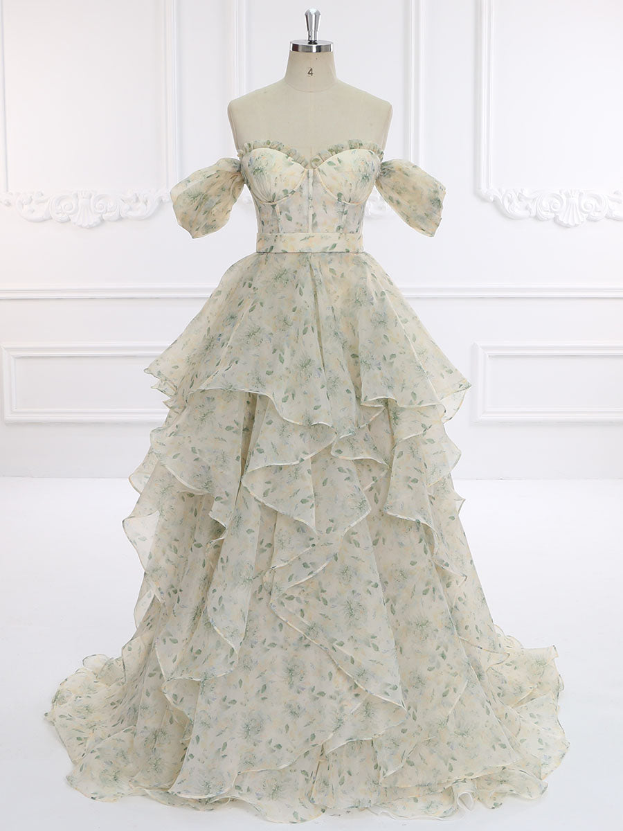 30cm Train Short Sleeevs Printing Floral Colored Wedding Dresses Photo Shoots Dress YW231125-1