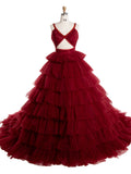 Elegant Off-Shoulder Bridal Gown Delicate Beaded V Neck Burgundy Formal Gown YW241001