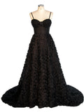 Black A-line Gown with Corset Bodice Mesh Rose Evening Formal Gown YW240043