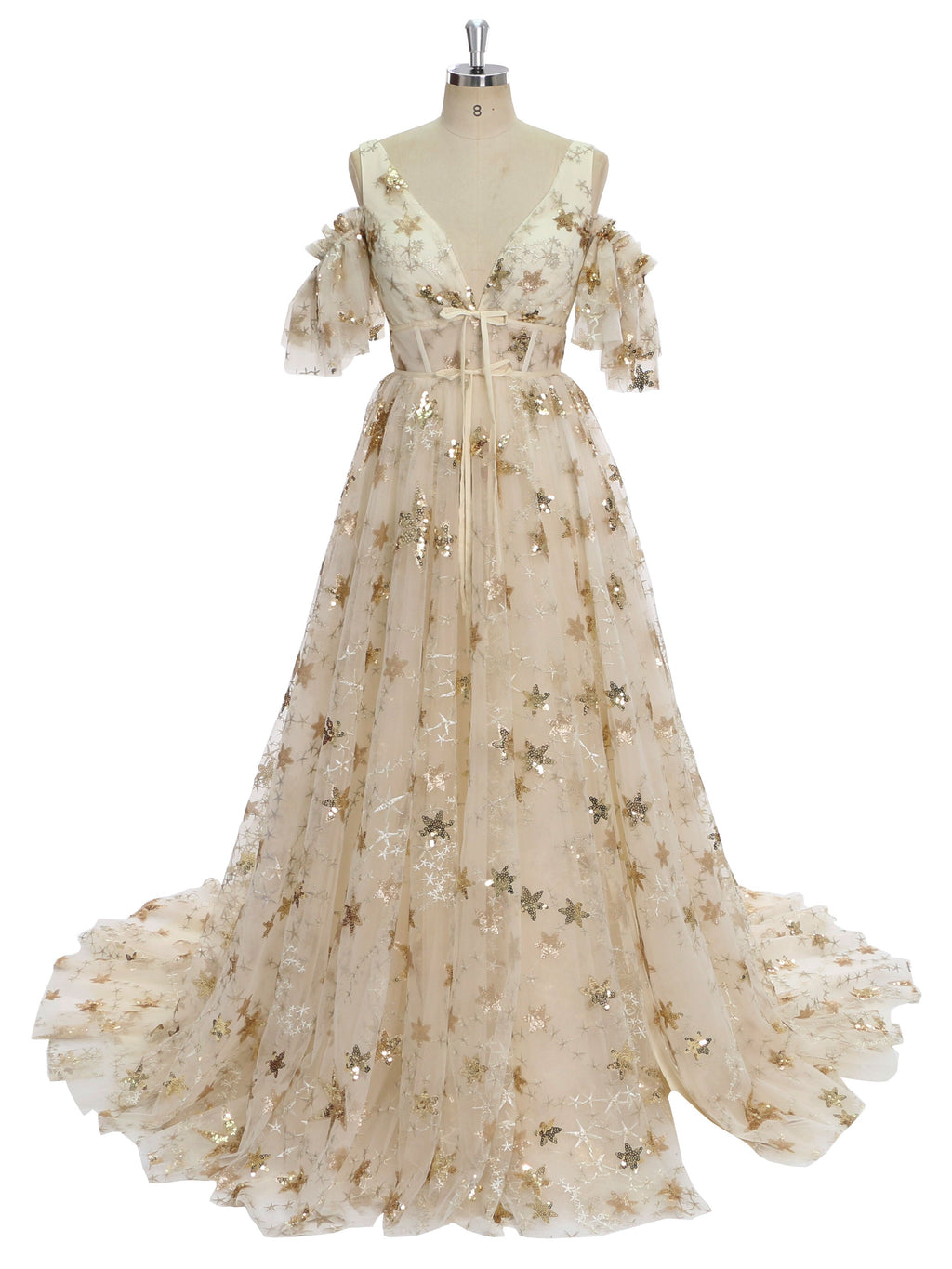 V-Neck Sequin Star Champagne Color Wedding Dress Elegant Ladies Beach Ball Dress 60cm Train YW240073