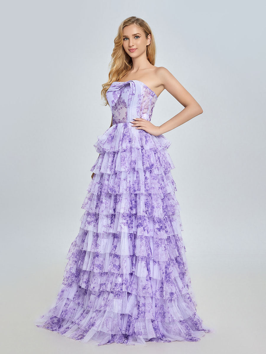Elegant Lavender Tiered Gown Layered Printed Tulle Prom Party Dress YE3024