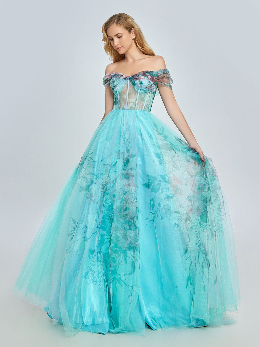 Elegant Aqua Floral Printed Off-Shoulder Prom Dress YE3022