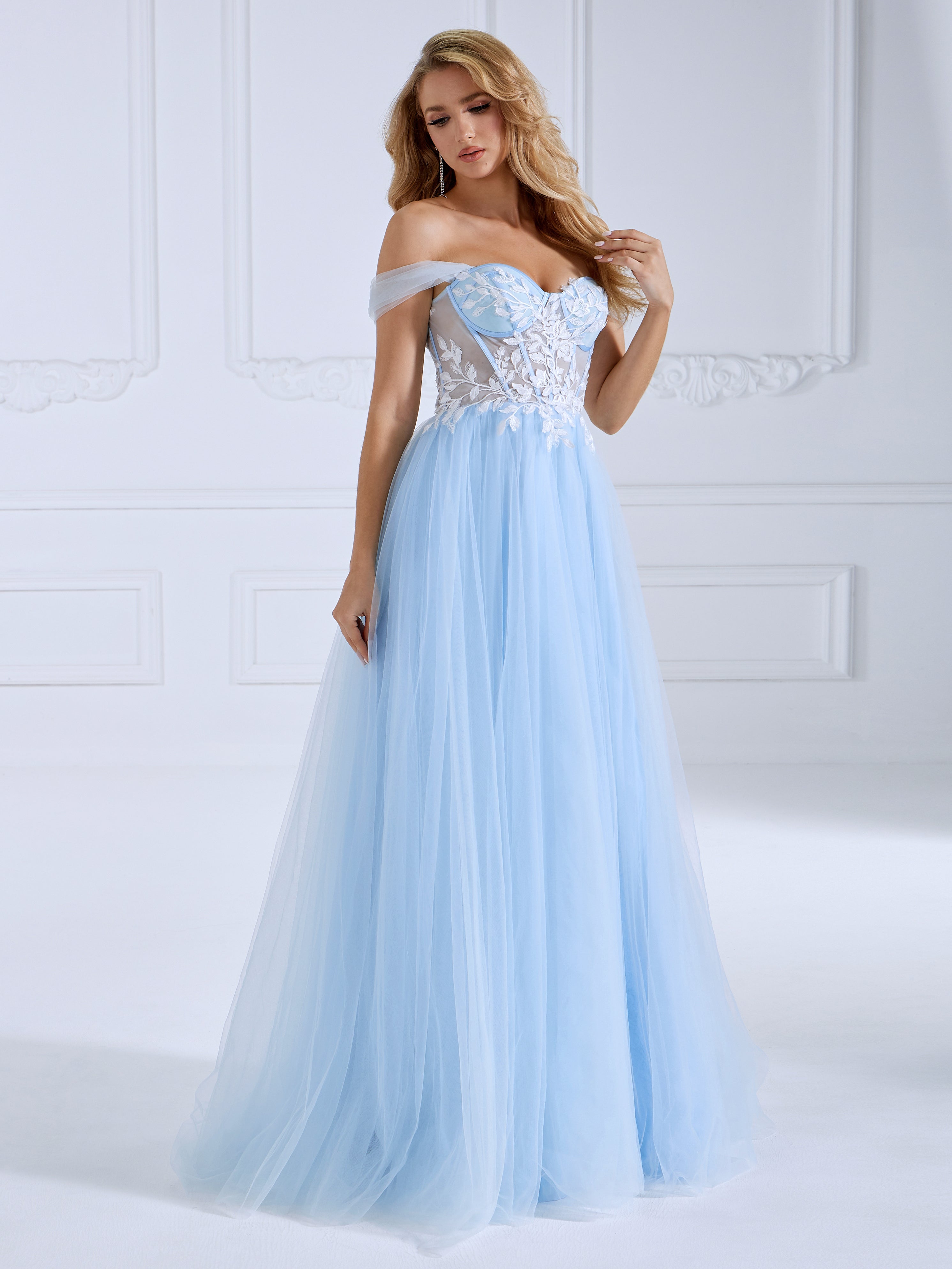 A-Line Blue Tulle Prom Dress Side Leg Split Floor-Length Photo Shoot Dress #17957