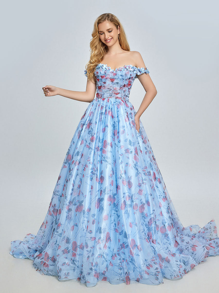 Elegant Off Shoulder Floral Printed Sweep Train Prom Dress YE3023