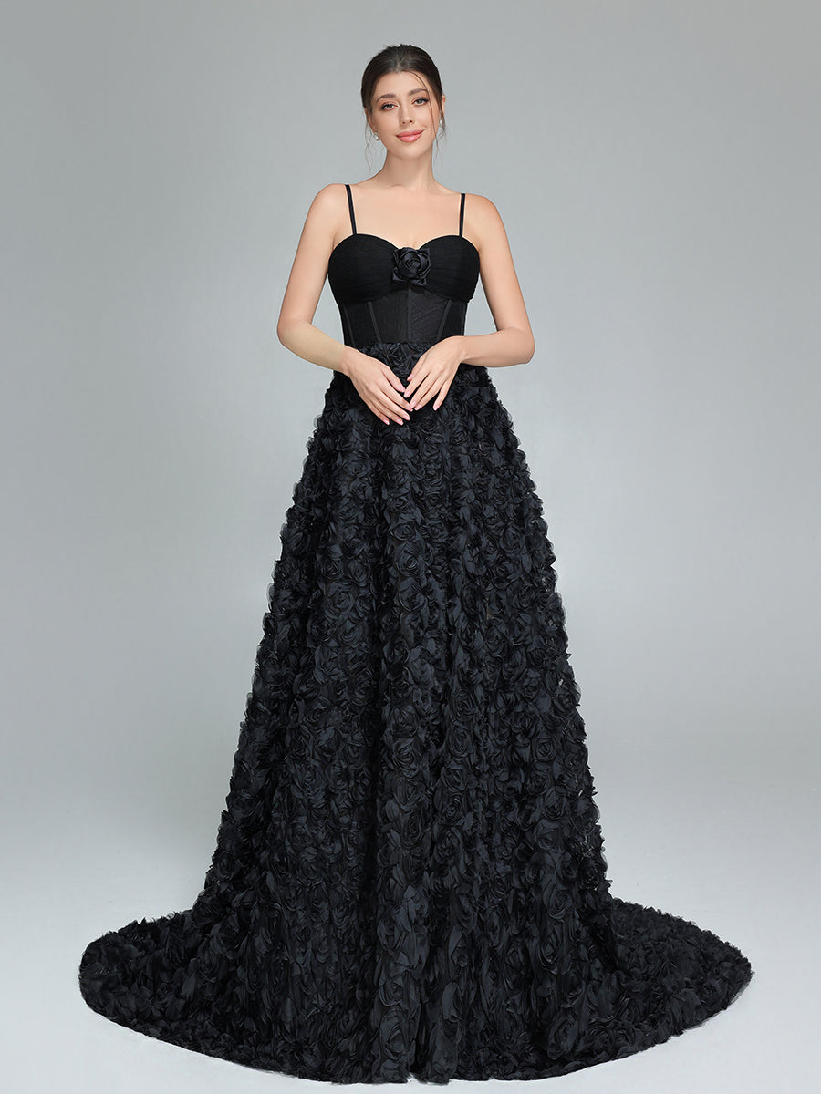 Black A-line Gown with Corset Bodice Mesh Rose Evening Formal Gown YW240043