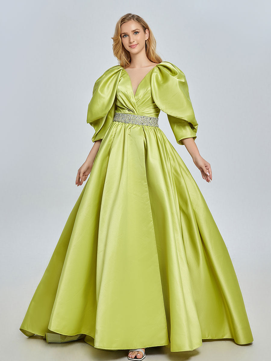 A-line V-Neck Half Sleeves Fluorescent Green Satin Prom Dresses YE2527