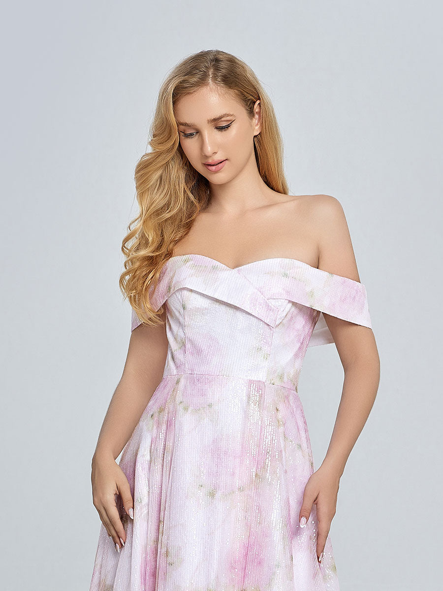 A-line Elegant Off Shoulder Pink Printed Prom Dress YE3019