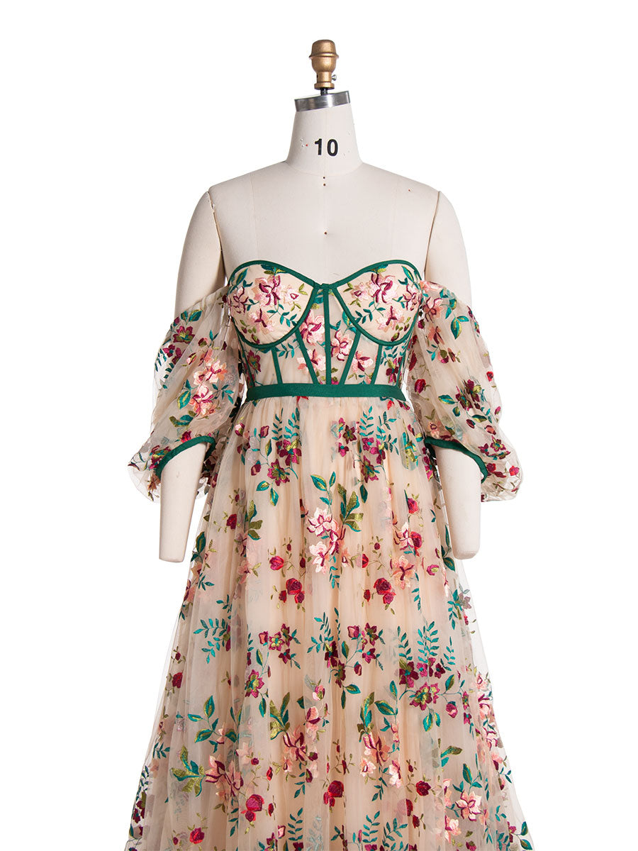 Elegant Embroidery Lace Floral Evening Gown Dress For Wedding YW240083