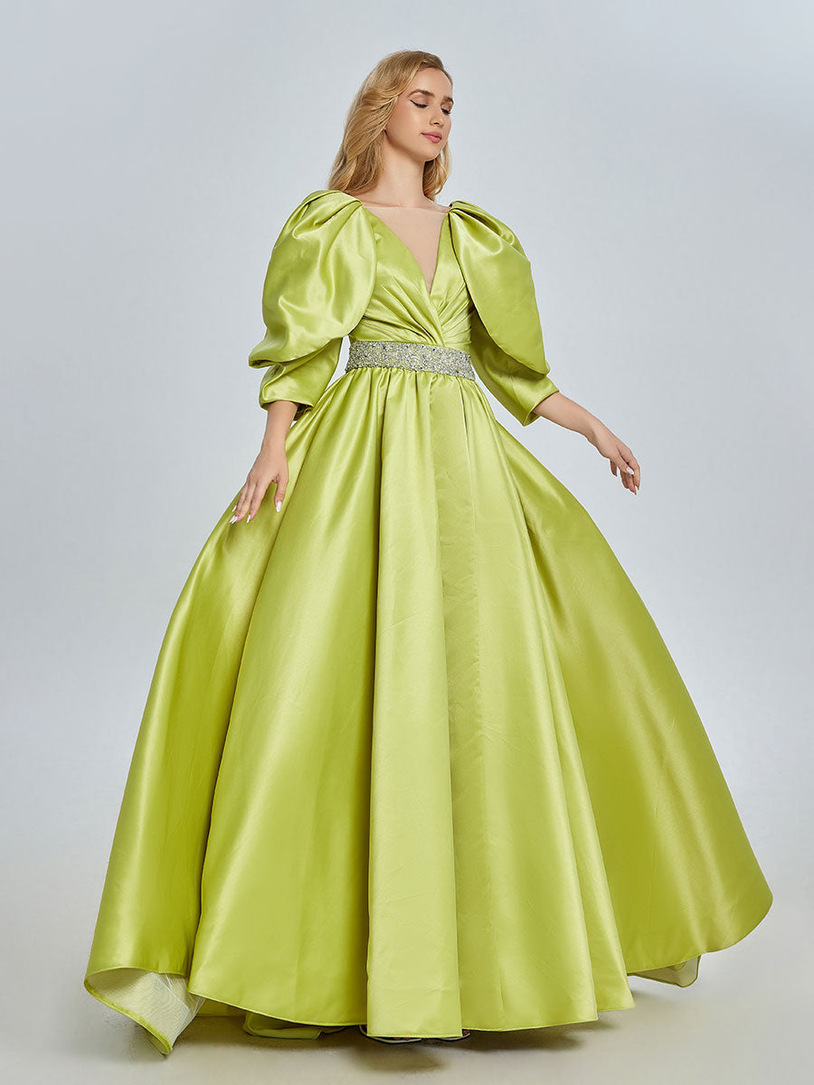 A-line V-Neck Half Sleeves Fluorescent Green Satin Prom Dresses YE2527
