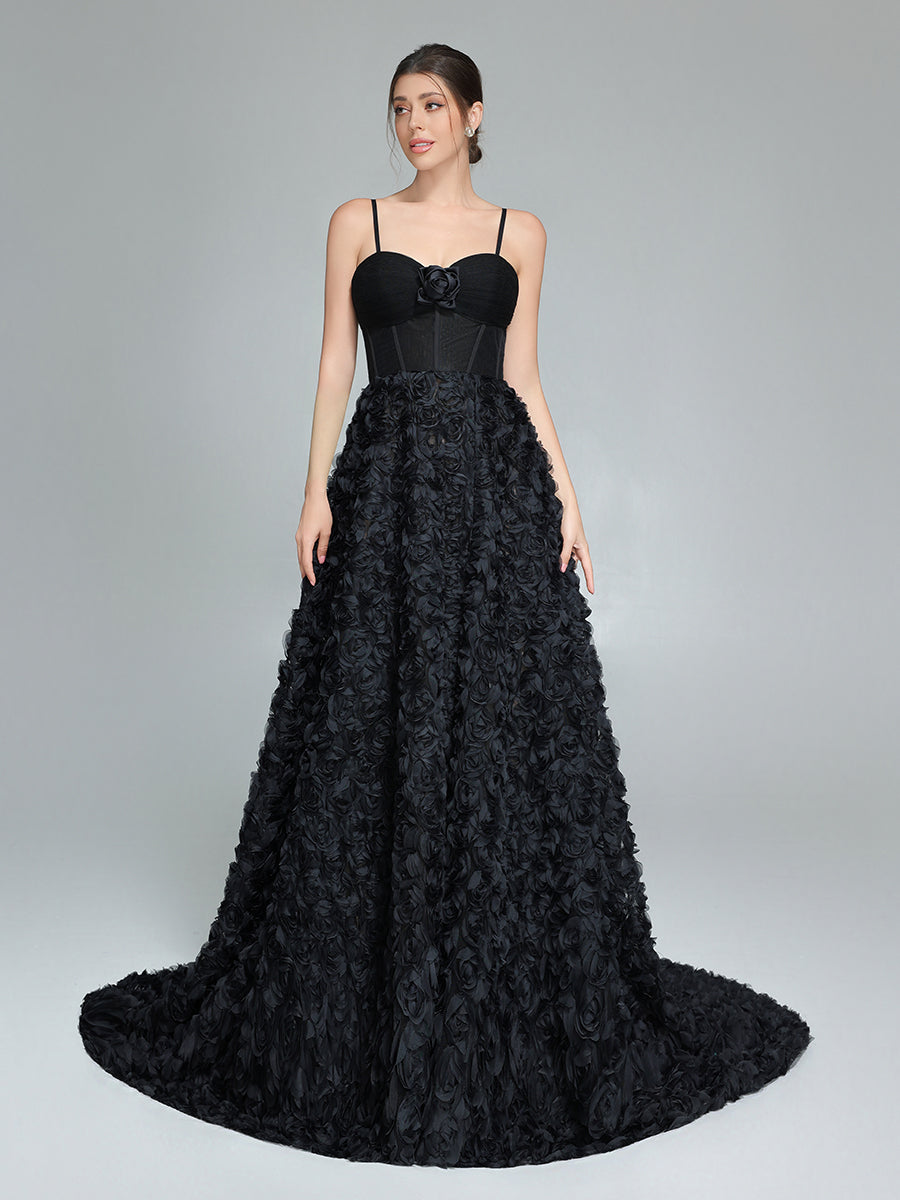 Black A-line Gown with Corset Bodice Mesh Rose Evening Formal Gown YW240043