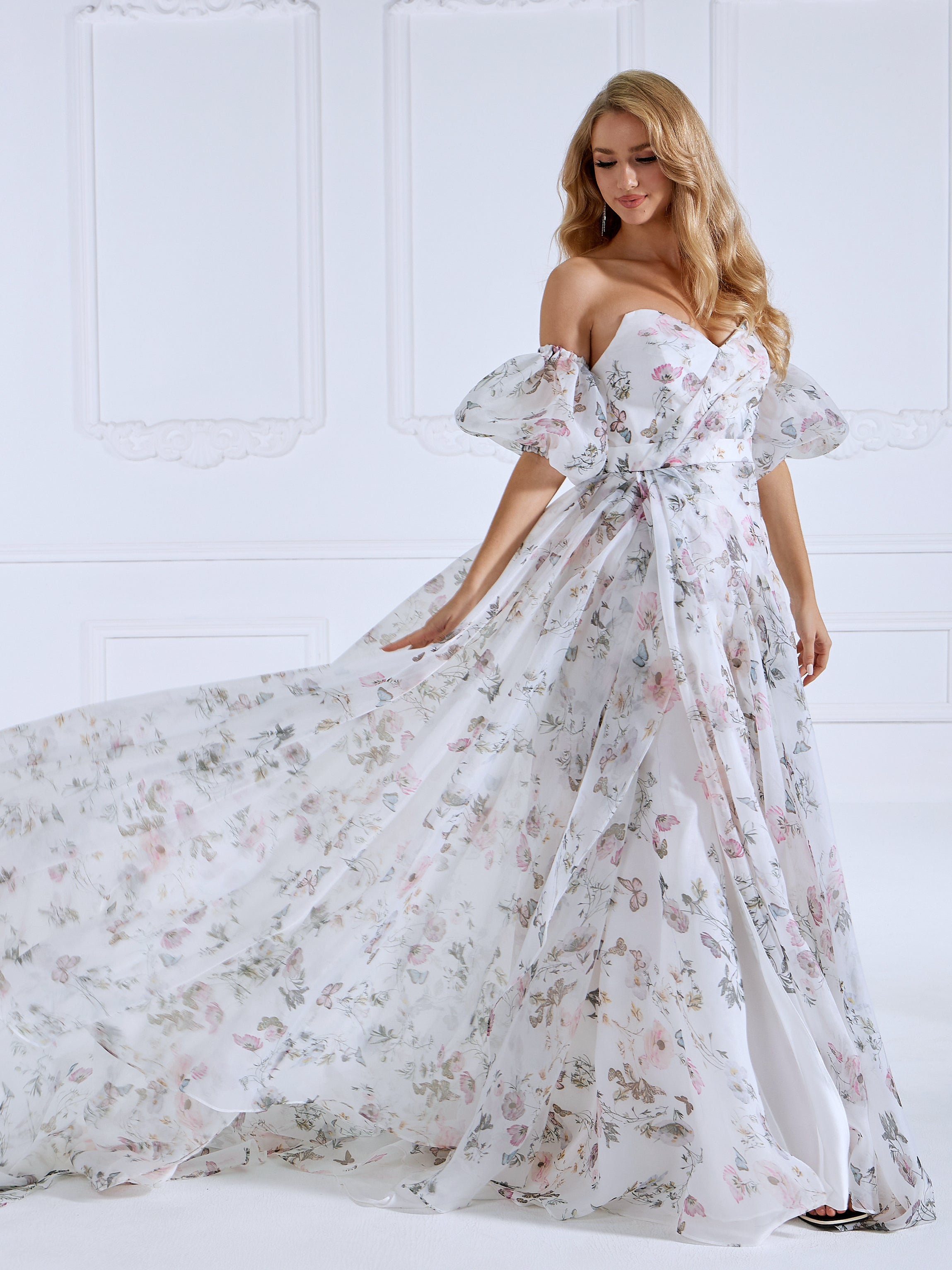 Detachable Sleeves Printing Colorful Floral Wedding Dresses Birthday Party Dress YW230730