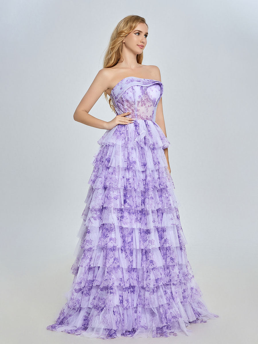 Elegant Lavender Tiered Gown Layered Printed Tulle Prom Party Dress YE3024
