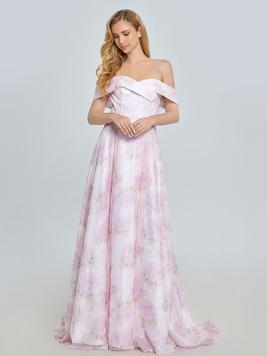 A-line Elegant Off Shoulder Pink Printed Prom Dress YE3019