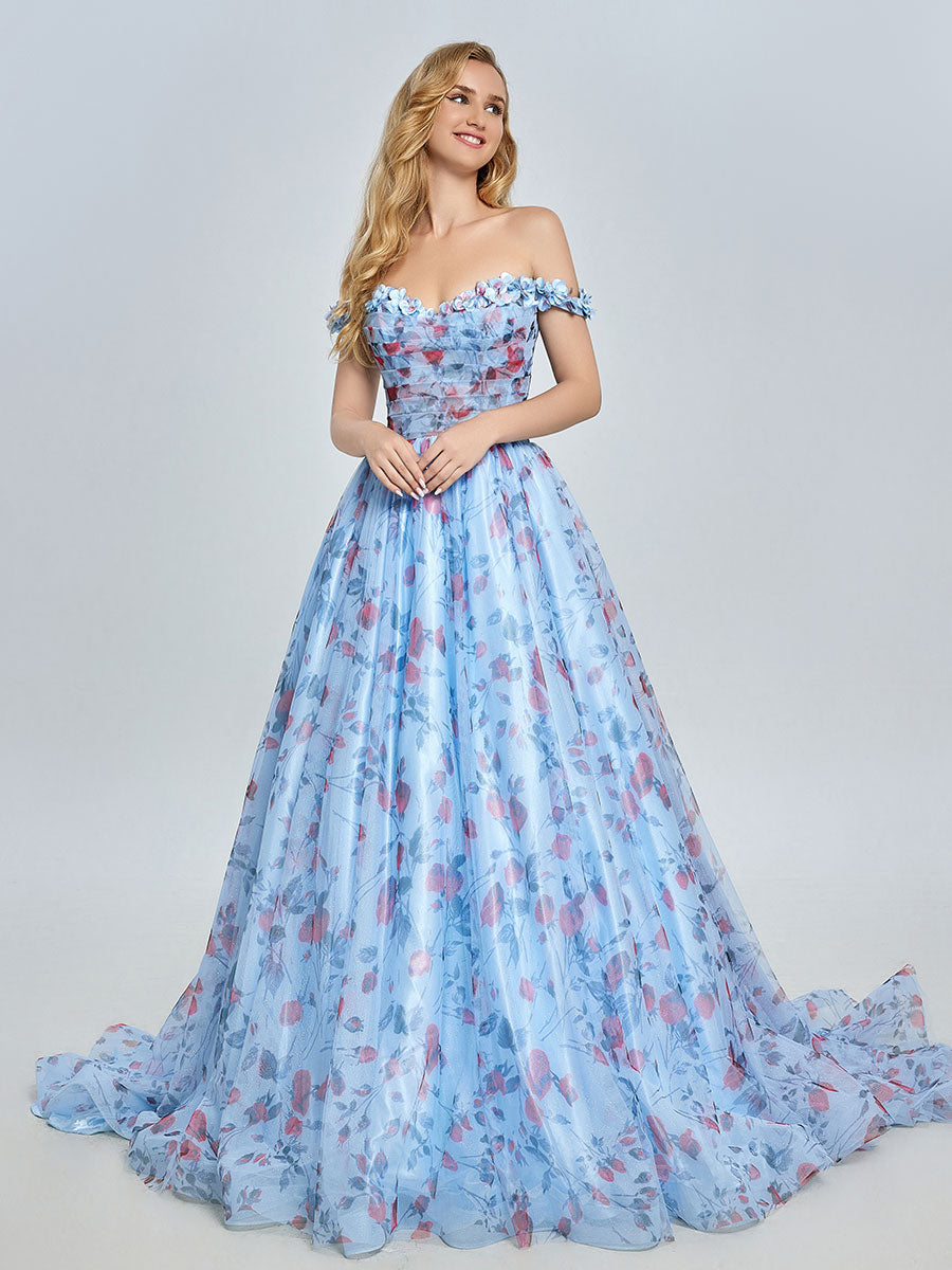 Elegant Off Shoulder Floral Printed Sweep Train Prom Dress YE3023