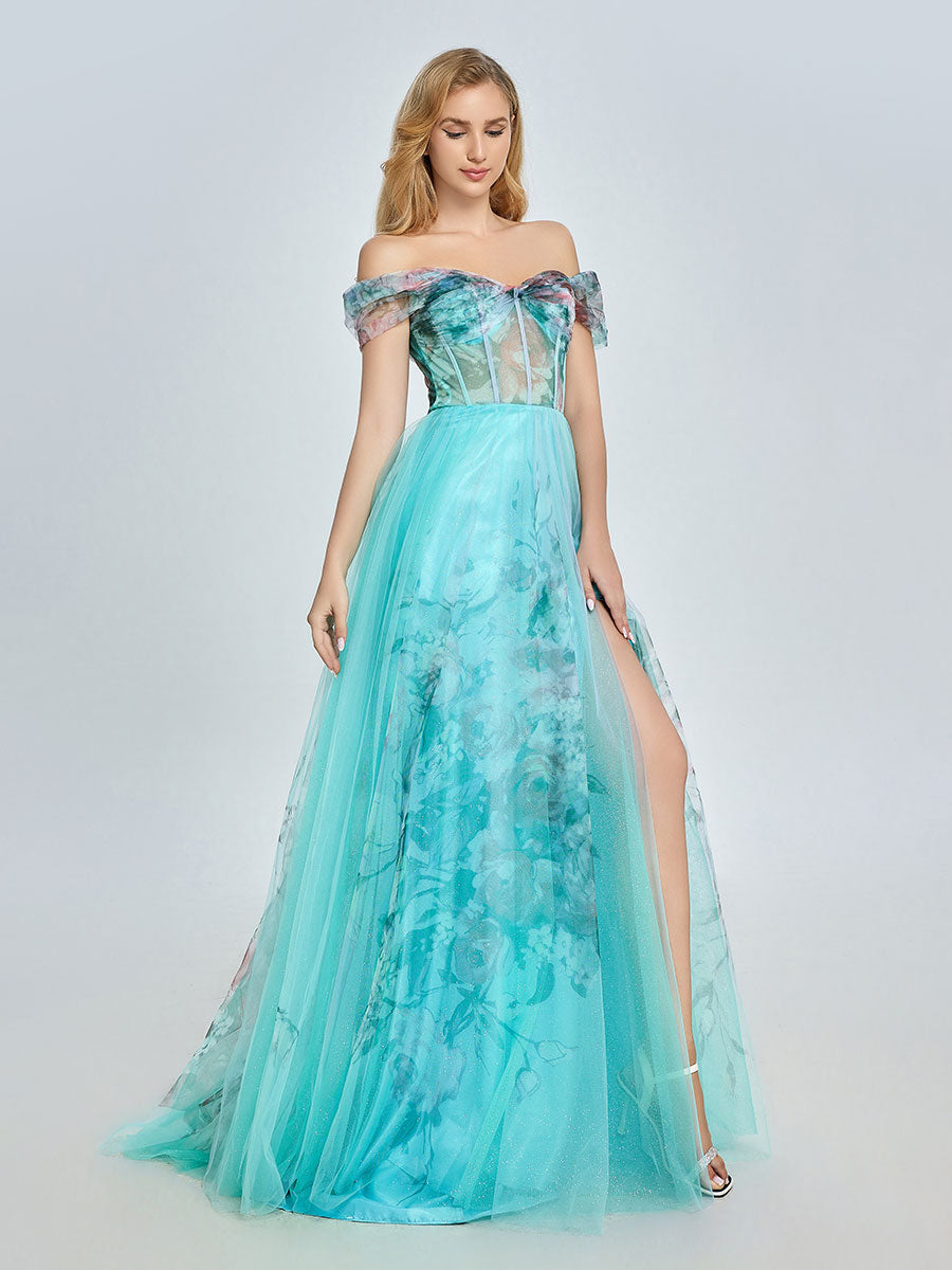 Elegant Aqua Floral Printed Off-Shoulder Prom Dress YE3022