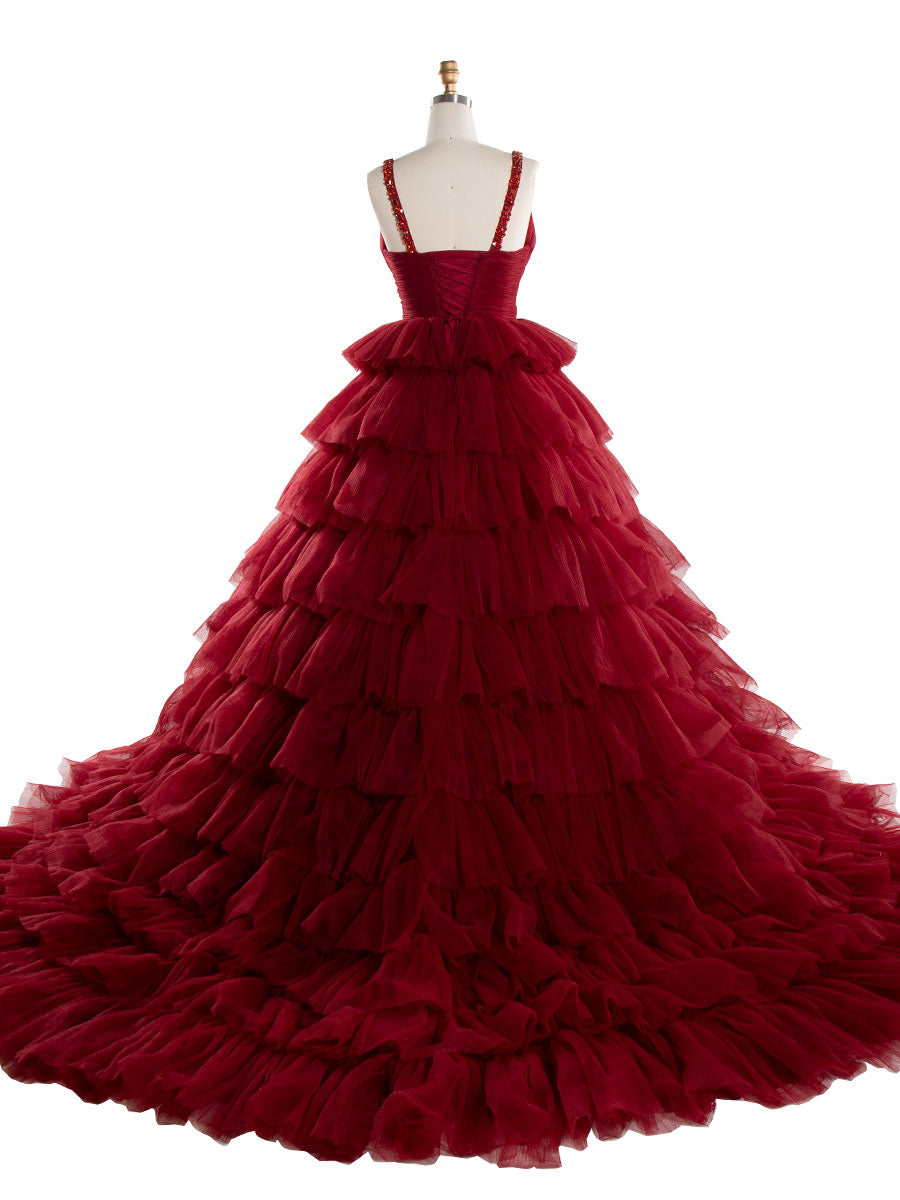 Elegant Off-Shoulder Bridal Gown Delicate Beaded V Neck Burgundy Formal Gown YW241001